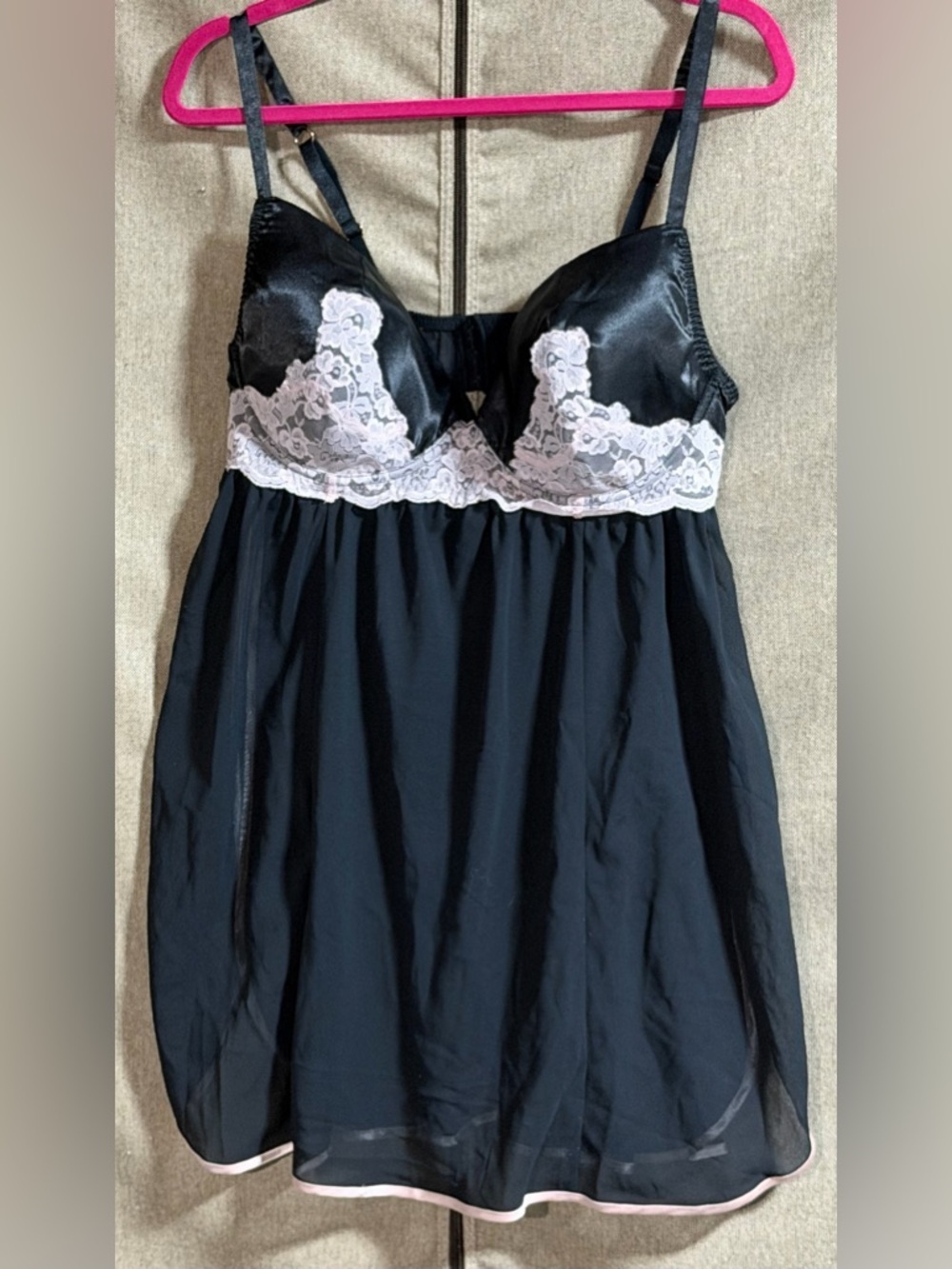 Cacique Black Satin Baby Pink Lace & Trim Babydoll Chemise w/Briefs 18/20